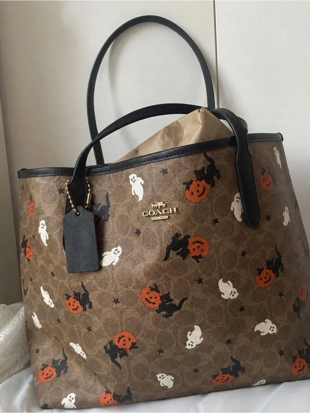 Coach Halloween Print Reversible Tote Bag in Brown, Black, Orange, White